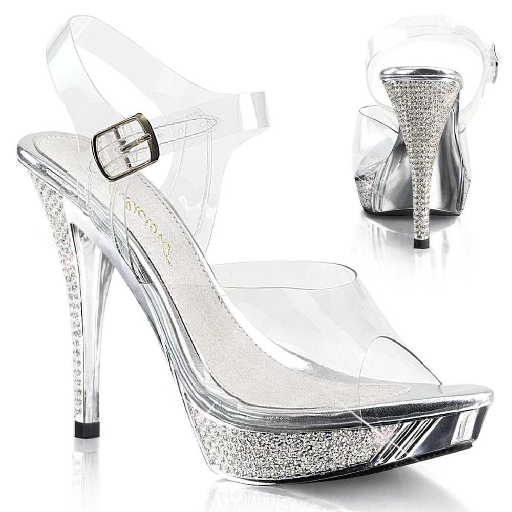 Fabulicious Elegant 408 Clear and Silver Platform Heels with Rhinestones